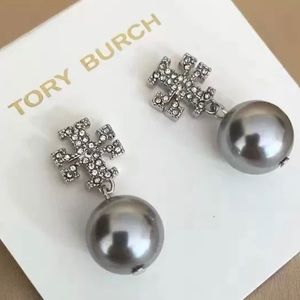 Tory Burch silver logo pearl drop earrings